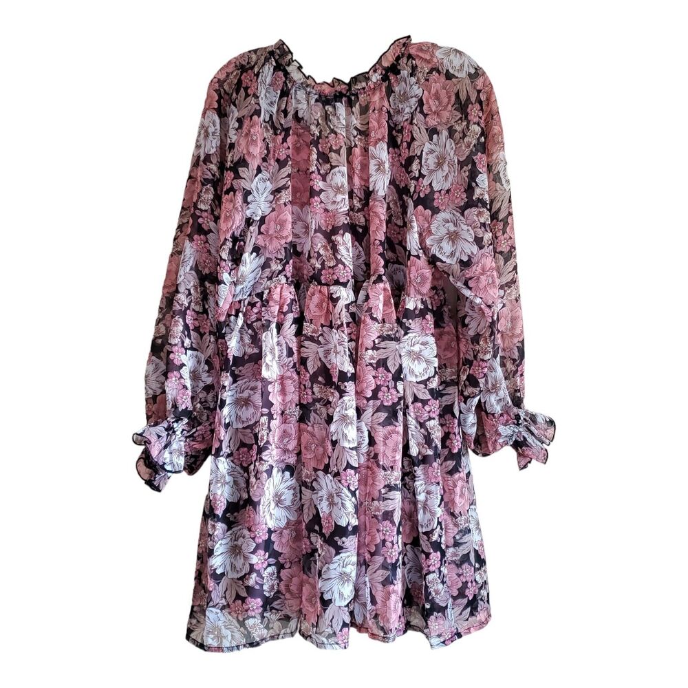 AAKAA Women's S Babydoll Dress Pink Plum Floral Chiffon Balloon Sleeves Ruffles - Picture 8 of 8